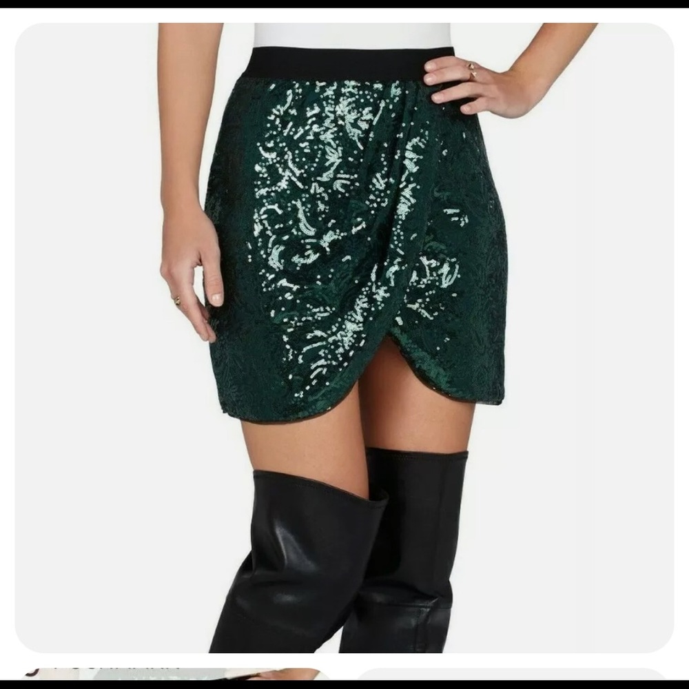 BCBGMAXAZRIA Joanne Floral Garden Sequin Wrap Skirt GREEN black size Small
